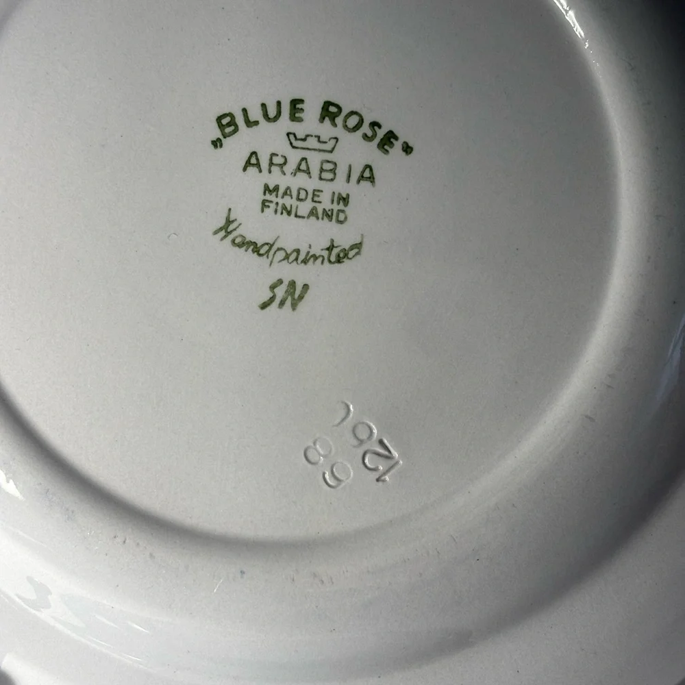 Blue Rose Lunch Dessert Plates Hand Painted Blue White 7 5/8” Arabia Of Finland
